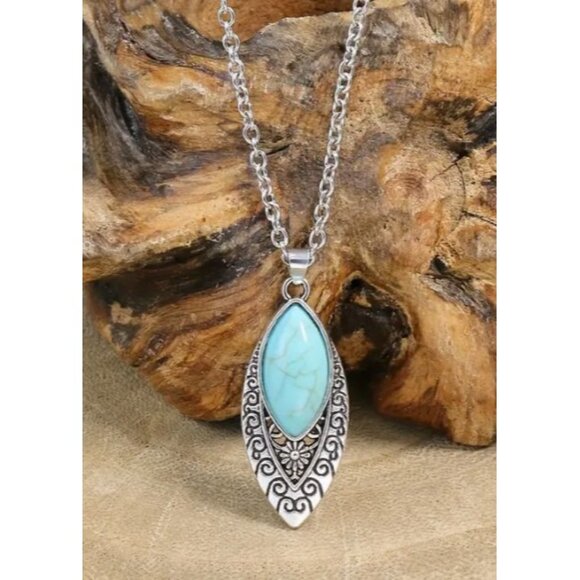 Retro Silver & Turquoise Toned Pendant Necklace & Earrings‎ Set NEW - Picture 4 of 4